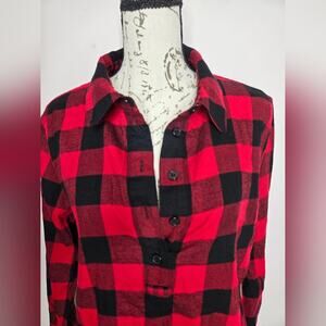 Christopher and Banks 1/2 Button Front Red and Black Check Plaid Shirt Sz Large